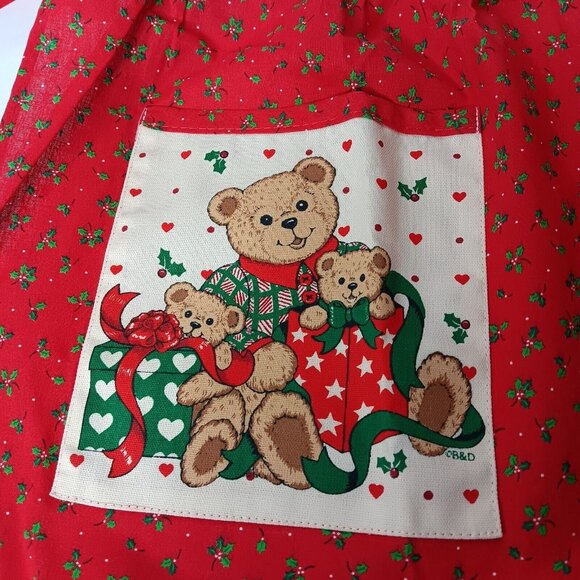 Vintage Christmas Apron Red Teddy Bears Green Holly Waist Gourmet Gallery - Picture 2 of 5